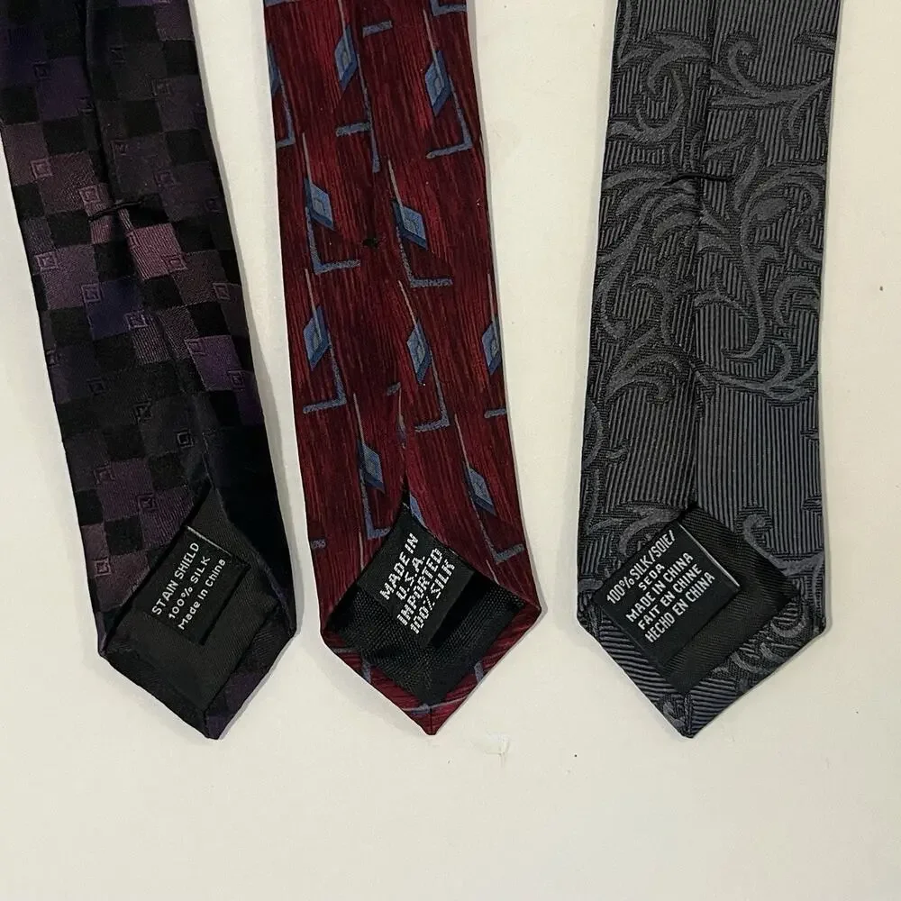 Lot of 3 Men's Silk Ties Geometric Abstract Vines Purple Red Dk Gray Van Heusen